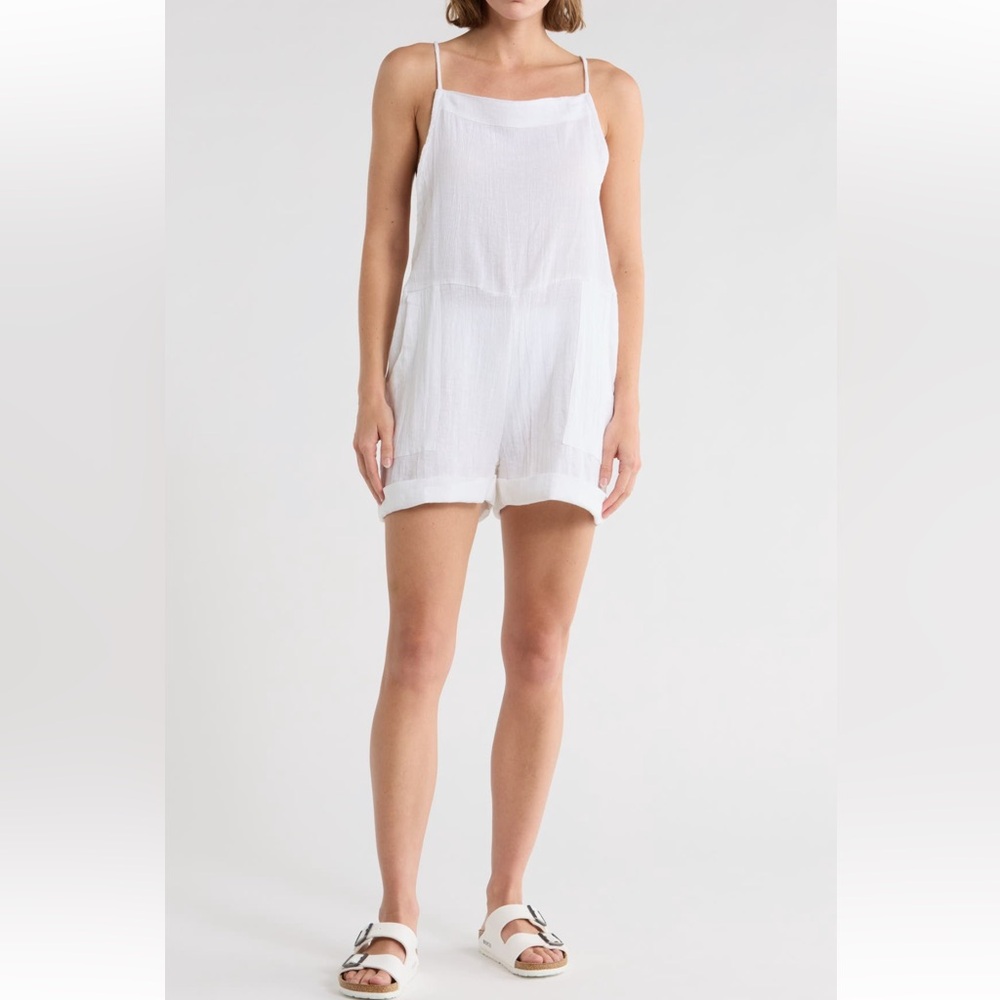 Vitamin A Ophelia Linen Organic Cotton Cover Up Overalls romper White medium NWT